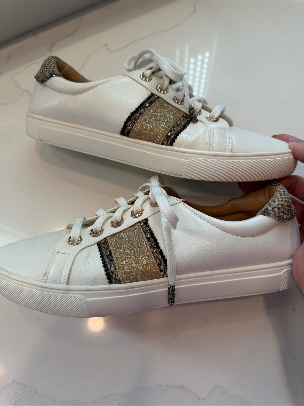 Women’s White embellished Sneakers with Gold Accent